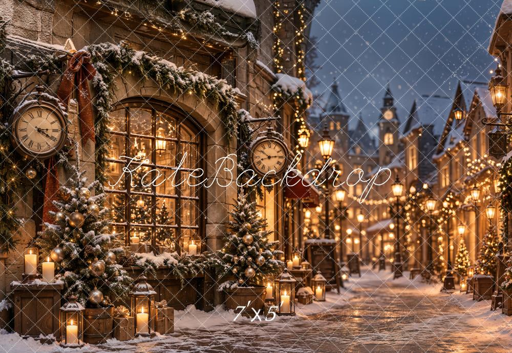 Kate Christmas Snowy Village Street Vintage Clock Printed Backdrop Designed by Emetselch