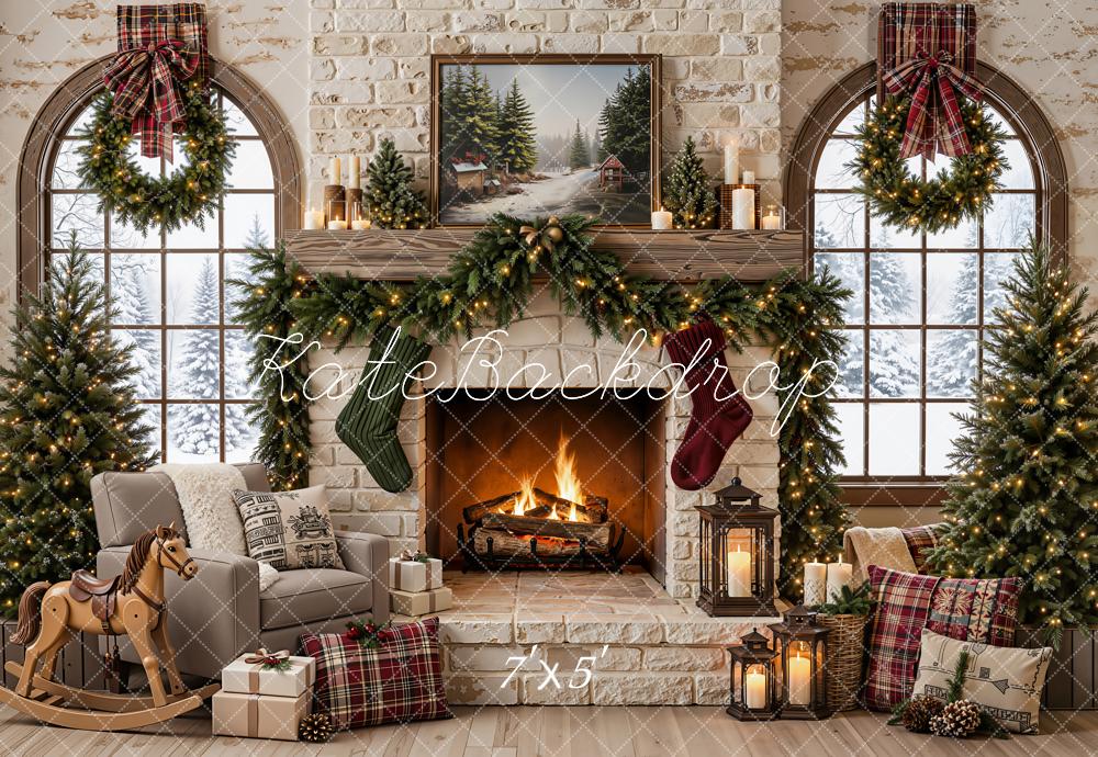 Kate Christmas Rustic Brick Fireplace Wreaths Red Plaid Decor Printed Backdrop Designed by Emetselch
