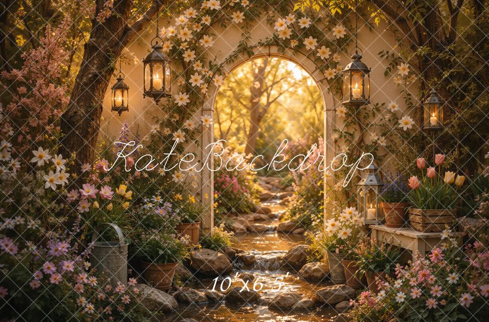 Kate Spring Floral Secret Garden Arch Lantern Stream Printed Backdrop Designed by Ashley Ward