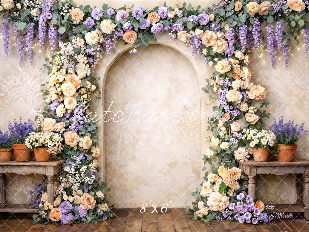 Kate Flower Arch Cream Lavender Floral Wall Printed Backdrop Designed by Mini MakeBelieve