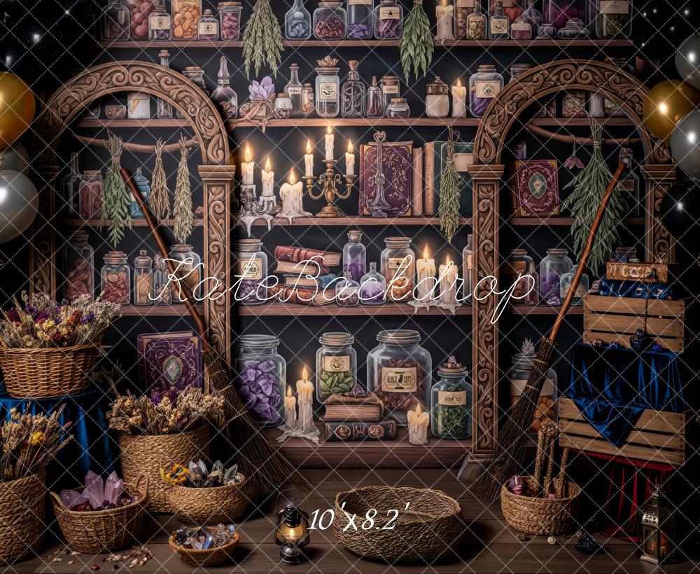 Kate Fantasy Potion Library Shelves Candles Baskets Brooms Backdrop Designed by Patty Roberts