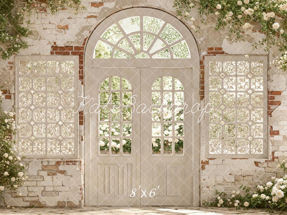 Kate Spring White Brick Arch Door Floral Window Backdrop Designed by Emetselch