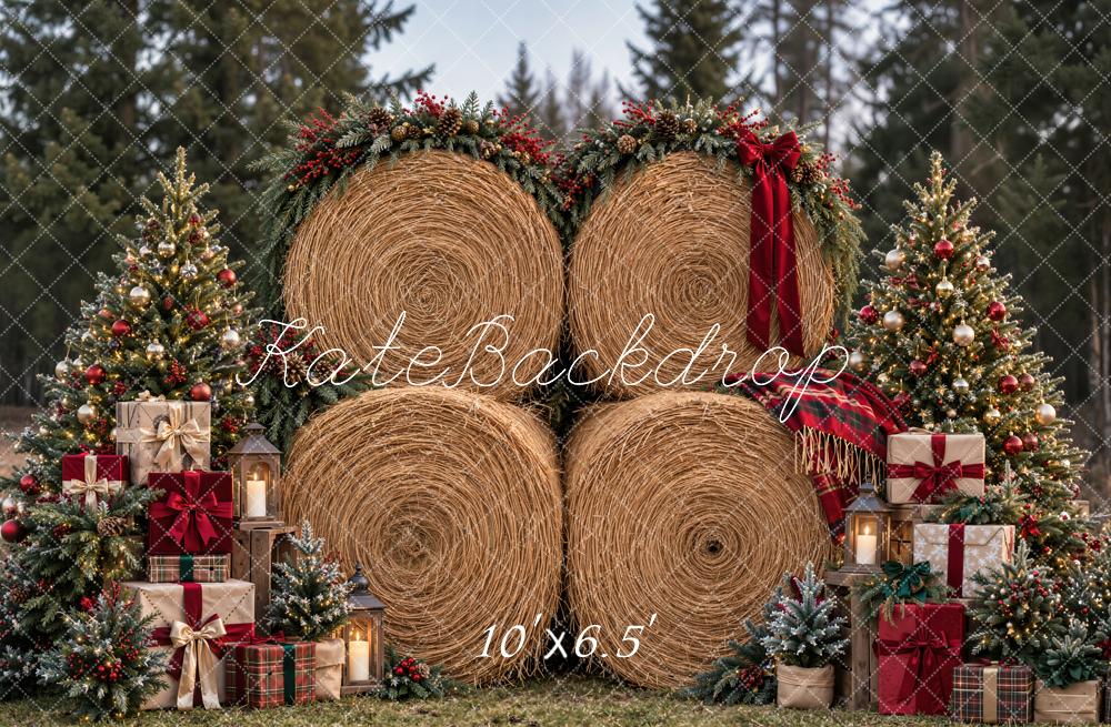 Kate Christmas Hay Bale Christmas Trees Red Bow Woodland Printed Backdrop Designed by Emetselch