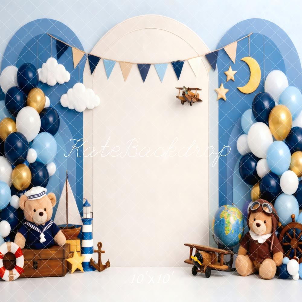 Kate Cake Smash Nautical Aviator Teddy Bear Balloons Clouds Moon Printed Backdrop Designed by Vertigo Productions