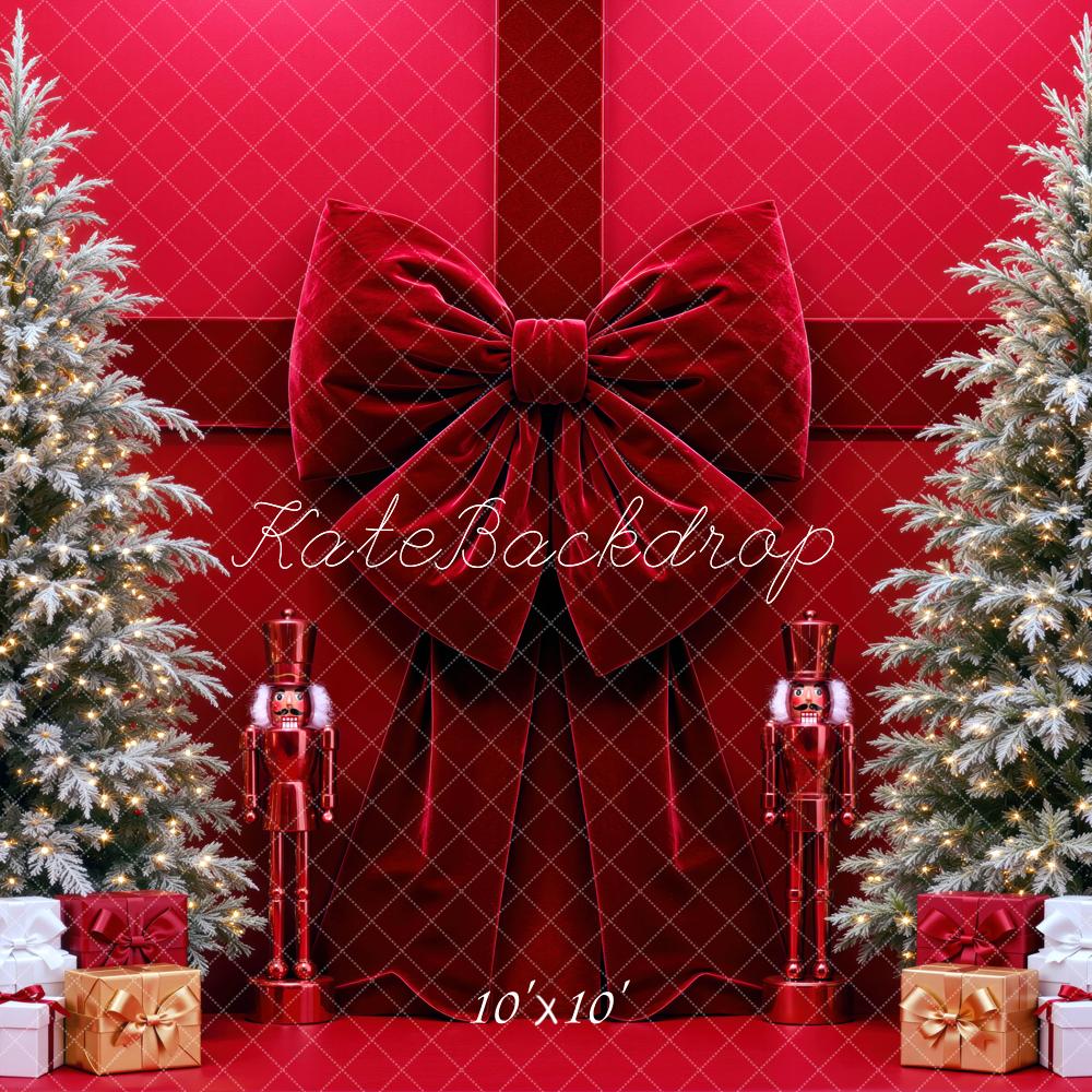 Kate Christmas Red Velvet Bow Christmas Trees Gift Printed Backdrop Designed by Mini MakeBelieve