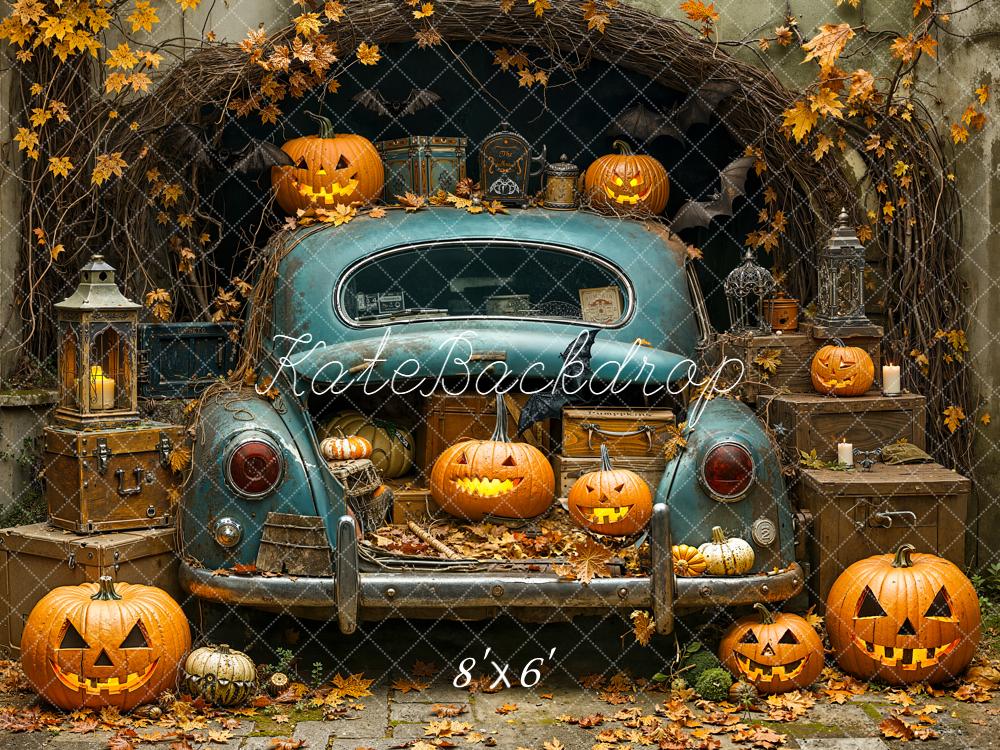Kate Halloween Vintage Blue Car Pumpkins Lanterns Leaves Backdrop Designed by Emetselch