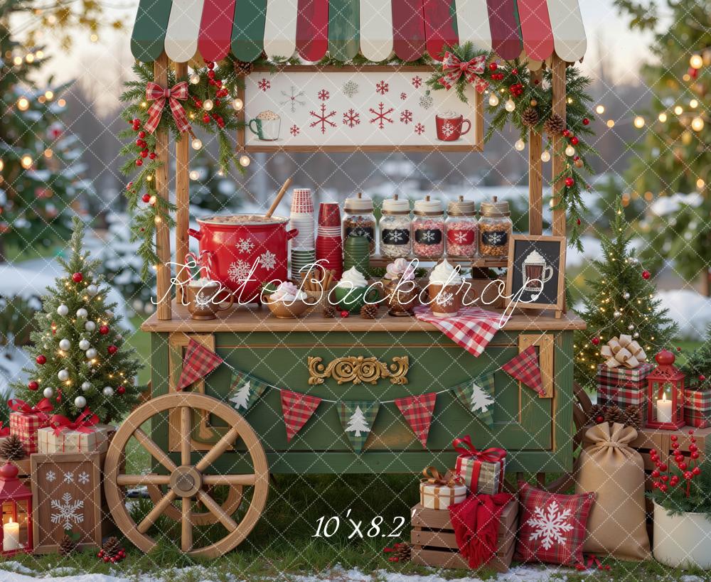 Kate Christmas Hot Cocoa Stand Gifts Trees Snow Outdoor Printed Backdrop Designed by Mini MakeBelieve