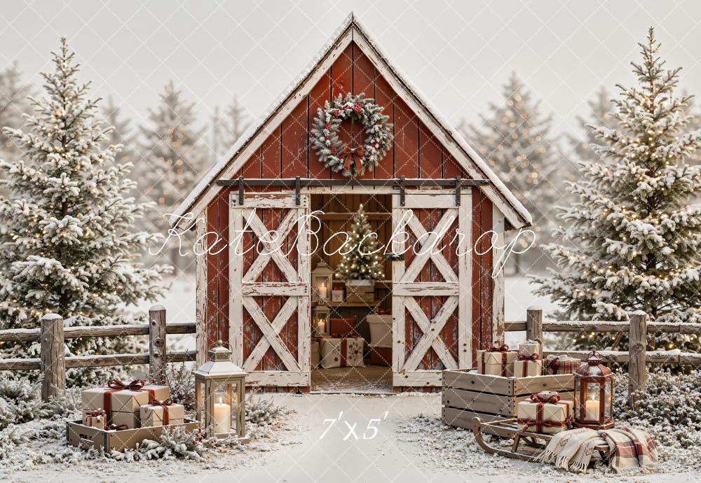 Kate Christmas Snowy Red Barn Wreath Pine Trees Wood Printed Backdrop Designed by Emetselch