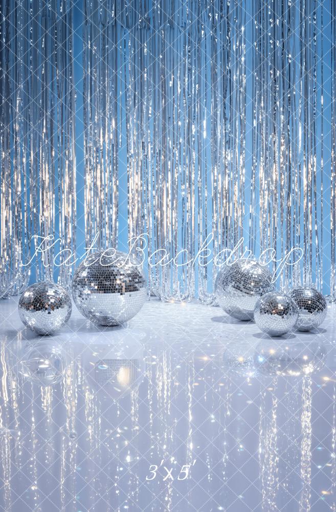 Kate Disco Silver Balls Tinsel Curtain Blue Printed Backdrop Designed by Emetselch
