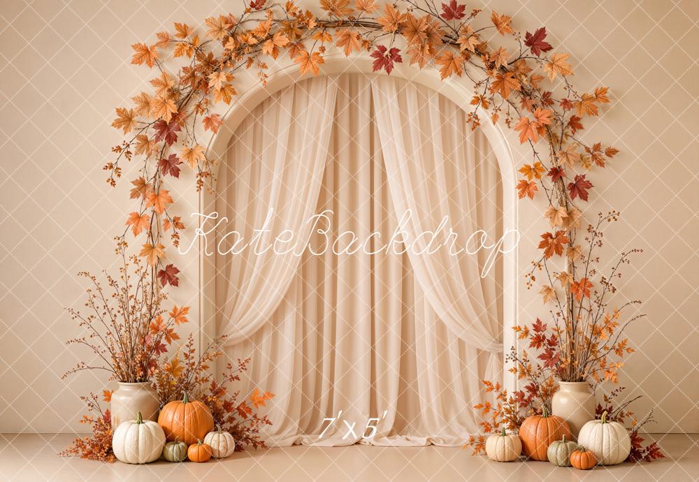 Kate Fall Maple Leaves Arch Pumpkins Beige Wall Printed Backdrop Designed by Emetselch