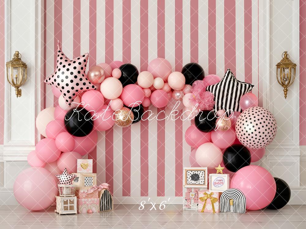 Kate Cake Smash Pink Balloon Arch Striped Wall Backdrop Designed by Emetselch