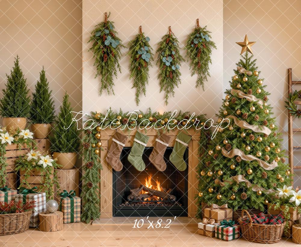 Kate Christmas Tree Rustic Fireplace Greenery Stockings Gifts Printed Backdrop Designed by Mini MakeBelieve