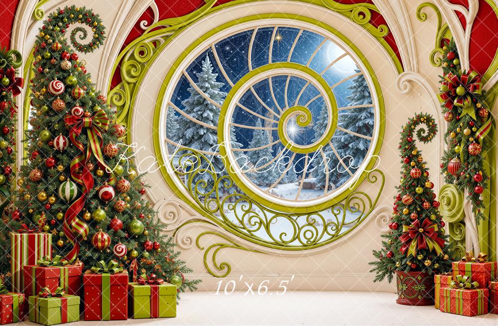 Kate Christmas Elf Spiral Window Decorated Trees Gifts Printed Backdrop Designed by Shutter Swan Studios