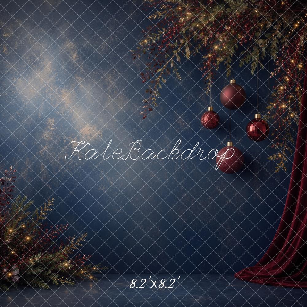 Kate Christmas Navy Abstract Ornaments Red Curtain Printed Backdrop Designed by Ashley Ward