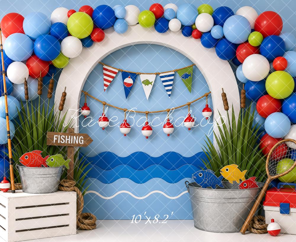 Kate Cake Smash Fishing Arch Balloons Fish Waves Printed Backdrop Printed Backdrop Designed by Shutter Swan Studios