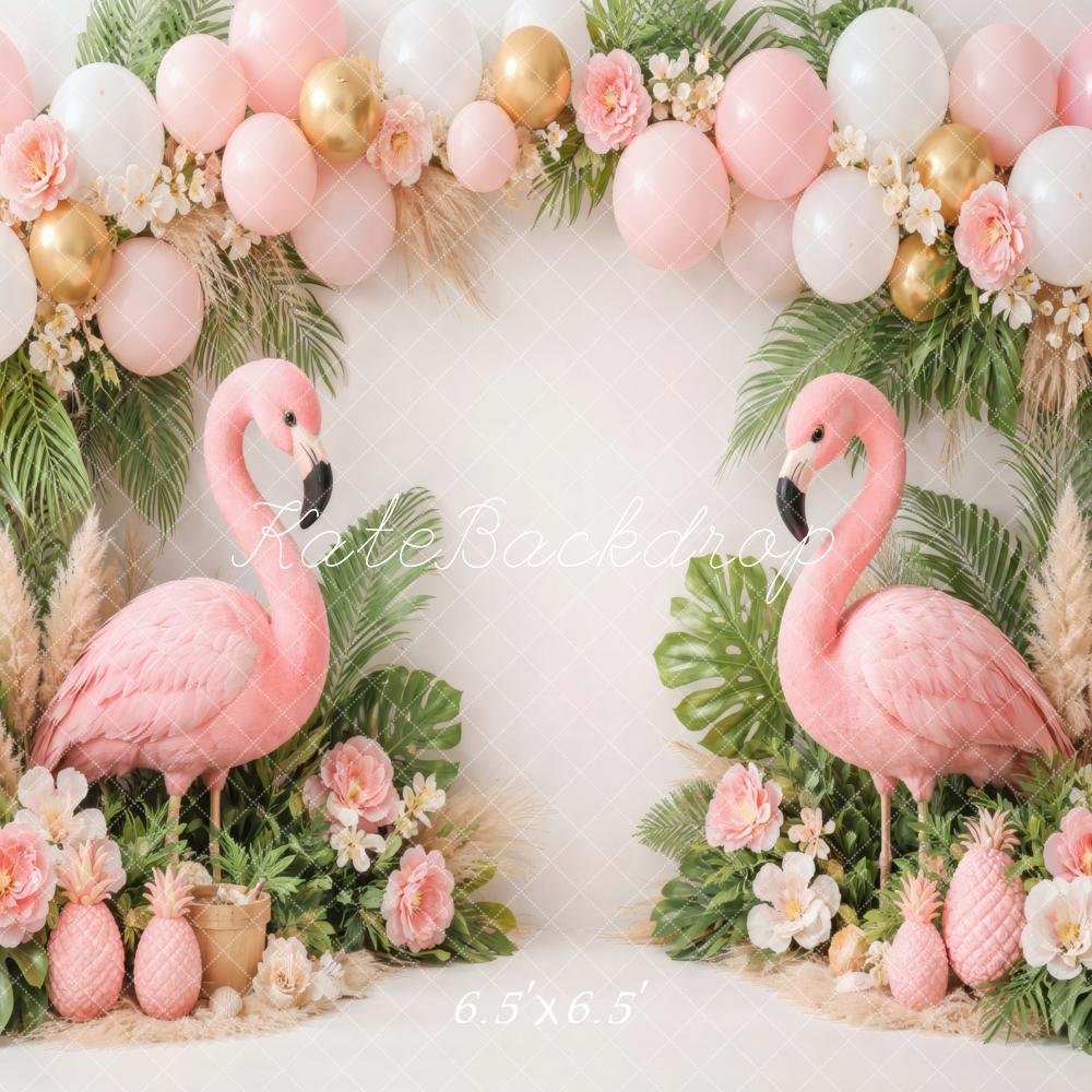 Kate Summer Flamingo Pink Balloons Tropical Greenery Pineapples Printed Backdrop Designed by Vertigo Productions
