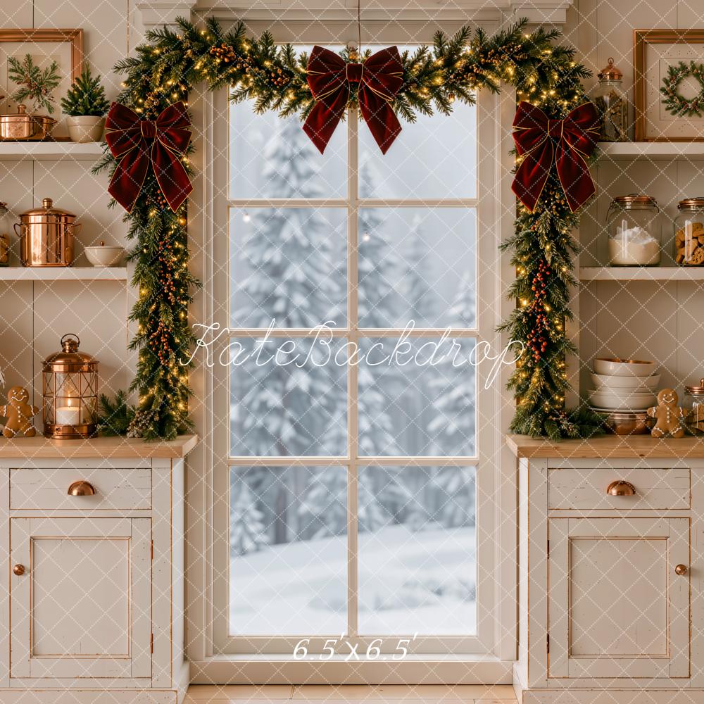 Kate Christmas White Kitchen Garland Door Gingerbread House Printed Backdrop Designed by Emetselch