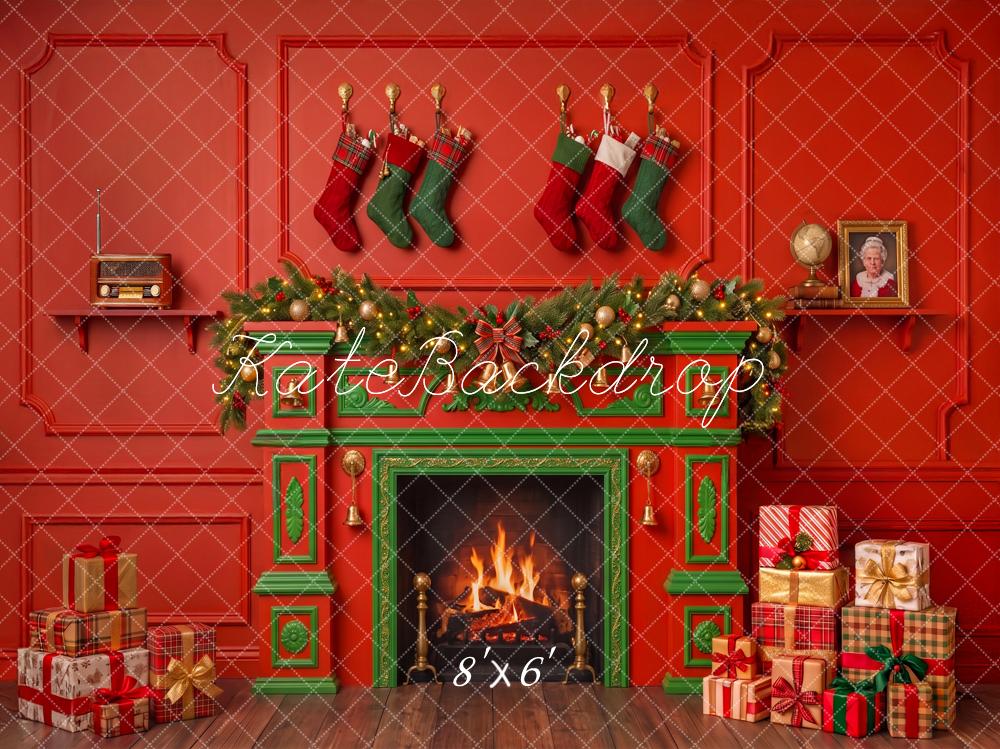 Kate Christmas Red Fireplace Stockings Presents Printed Backdrop Designed by Angela Miller