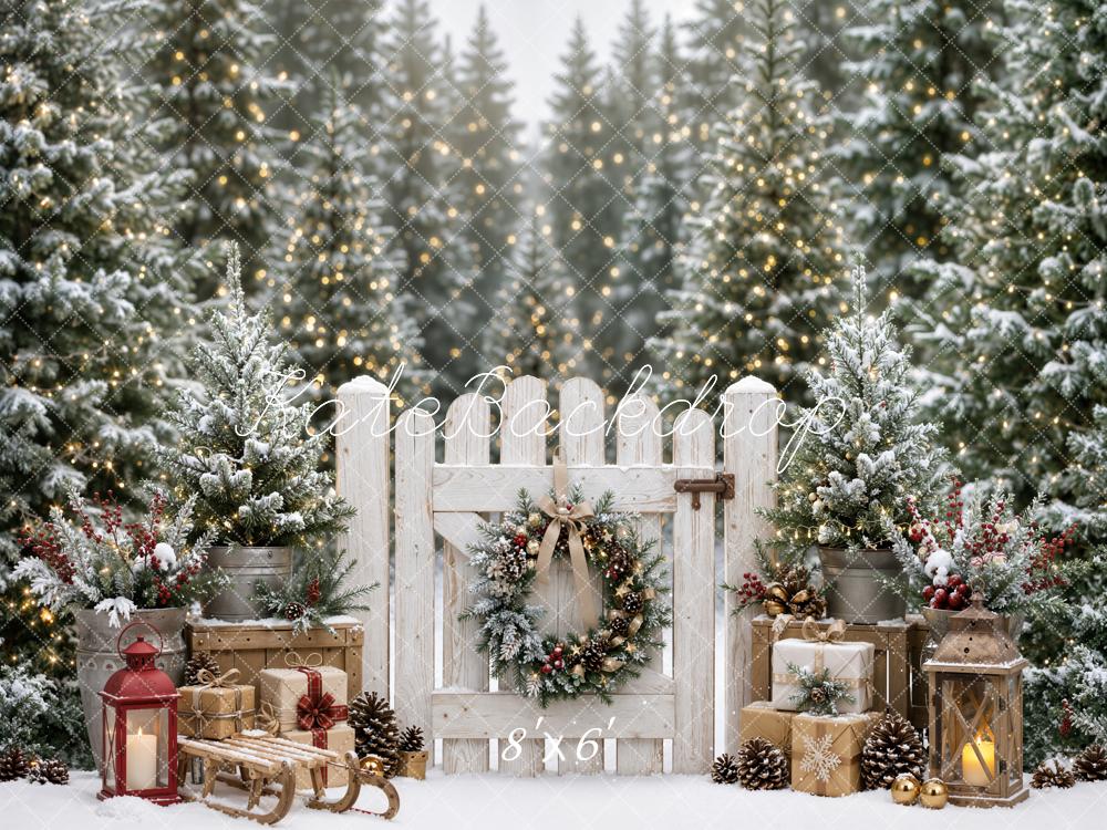 Kate Christmas Snowy Forest Gate Fence Lantern Gift Boxes Printed Backdrop Designed by Emetselch