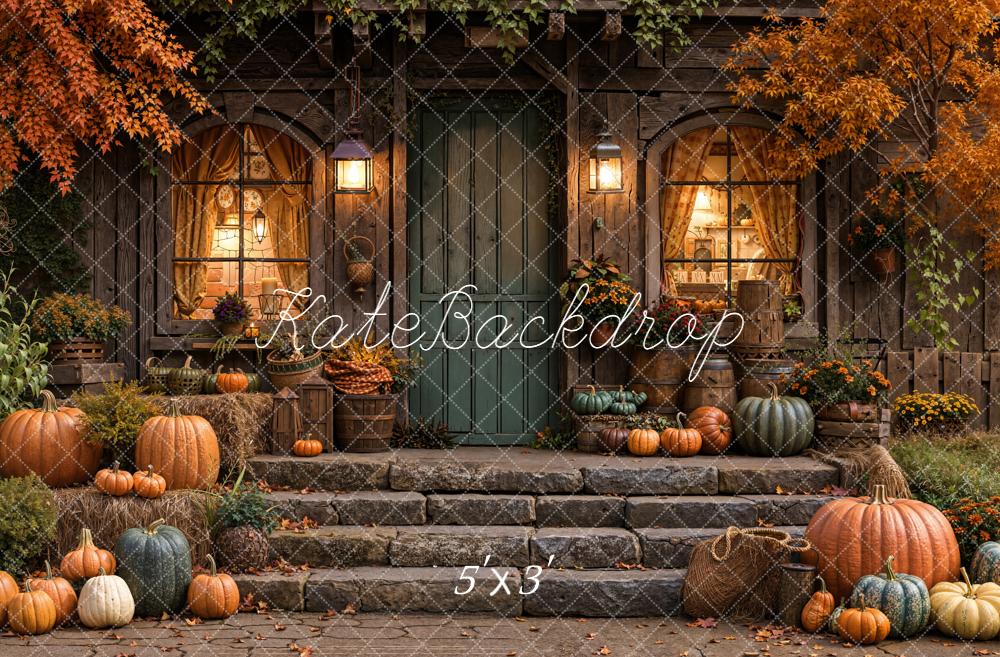 Kate Fall Pumpkins Rustic Porch Maple Trees Backdrop Designed by Emetselch