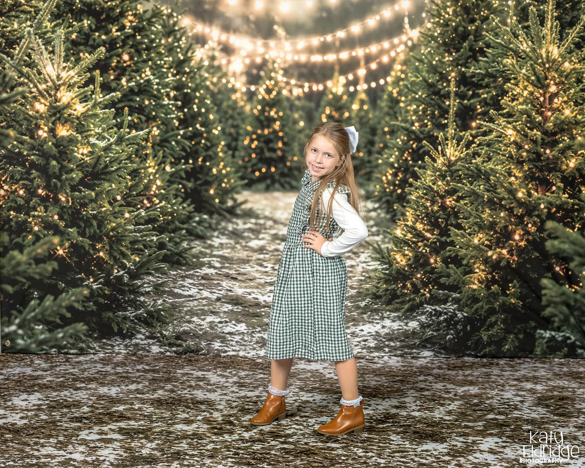 Kate Christmas Pine Tree Forest String Lights Printed Backdrop+Snowy Ground Dry Grass Floor Printed Backdrop