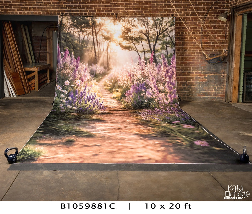Kate Summer Sunlit Forest Path Lavender Floral Printed Backdrop Designed by Emetselch