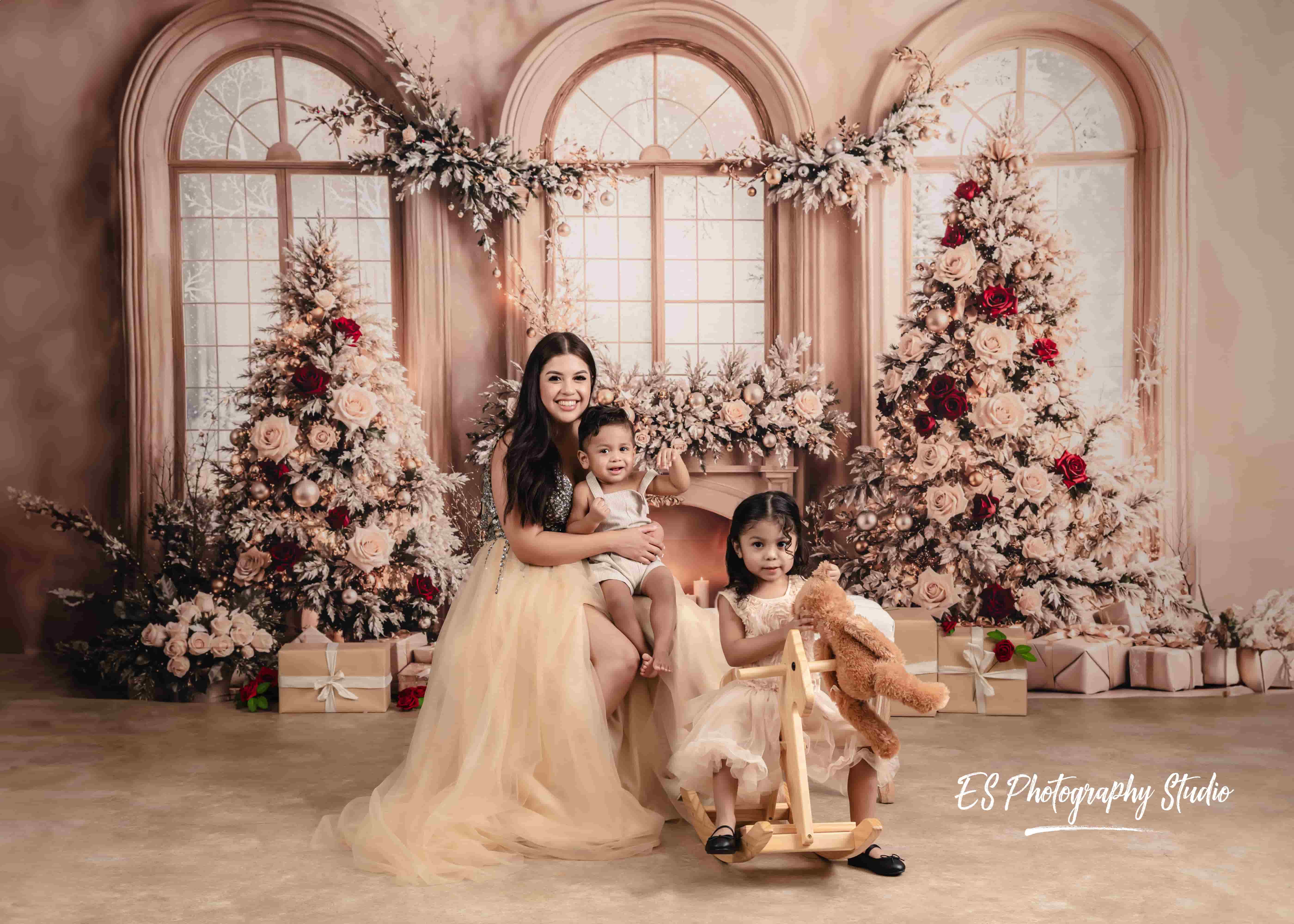 Kate Christmas Tree Roses Fireplace Arched Window Backdrop Designed by Emetselch