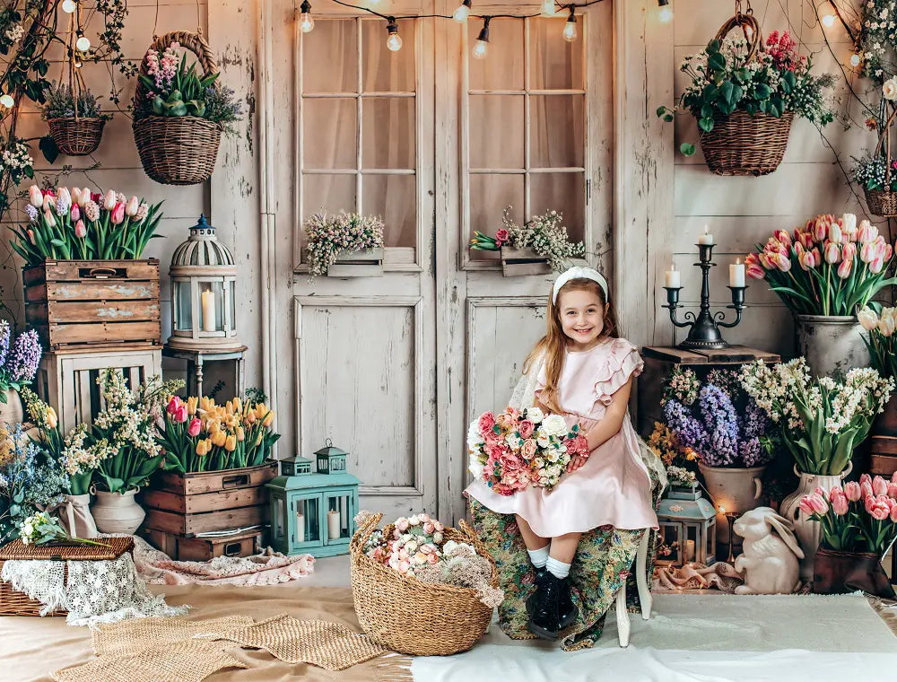 Kate Spring Flower Crates Rustic Door String Lights Backdrop Designed by Emetselch