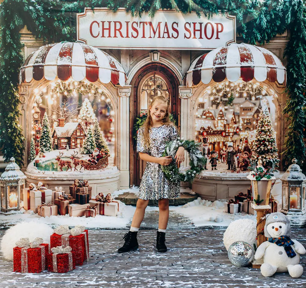 Kate Christmas Shop Window Santa Sleigh Snow Gifts Printed Backdrop+Cobblestone Snow Floor Printed Backdrop