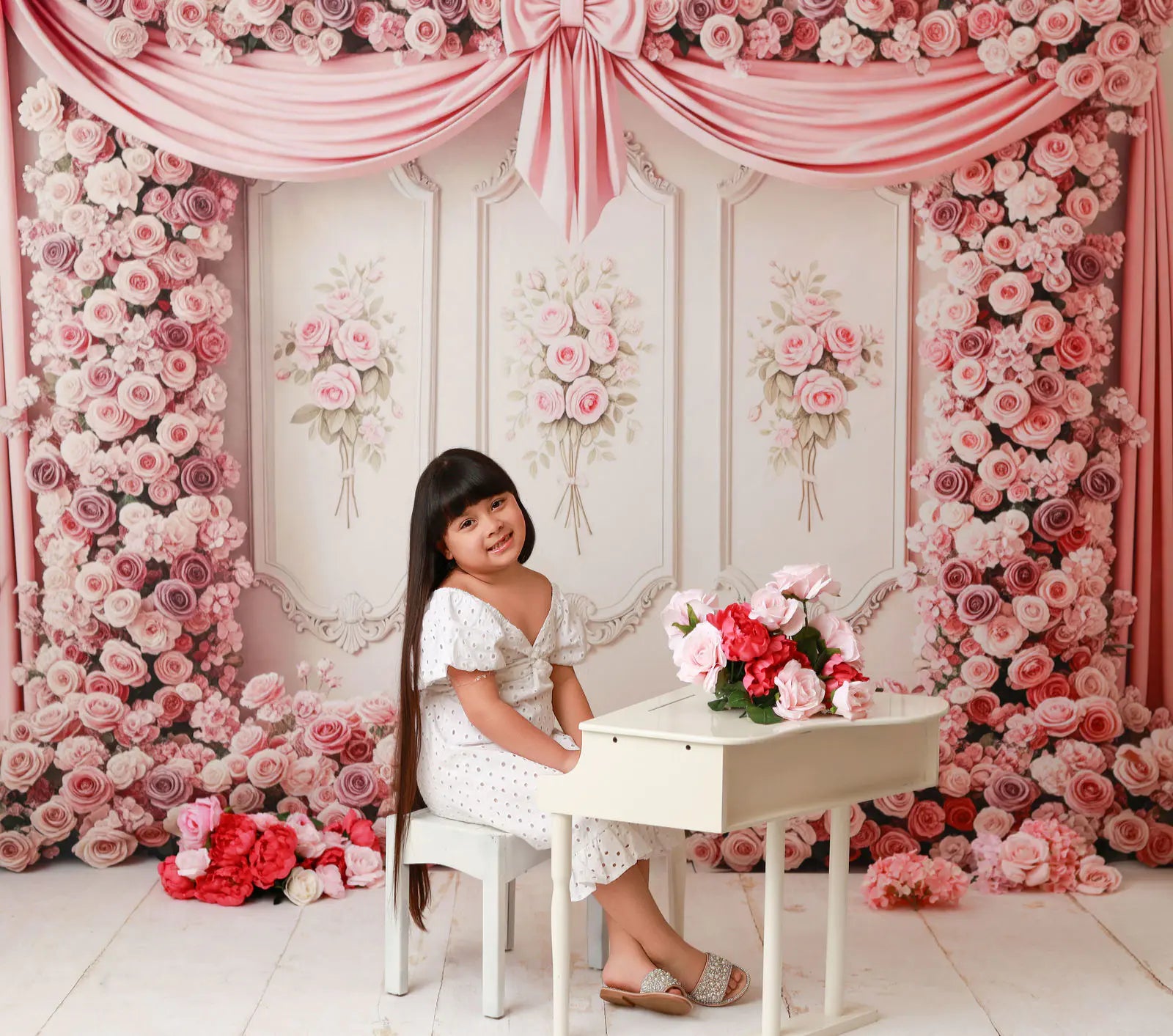 Kate Flower Arch Pink Roses Bow Curtains Printed Backdrop Designed by Patty Roberts