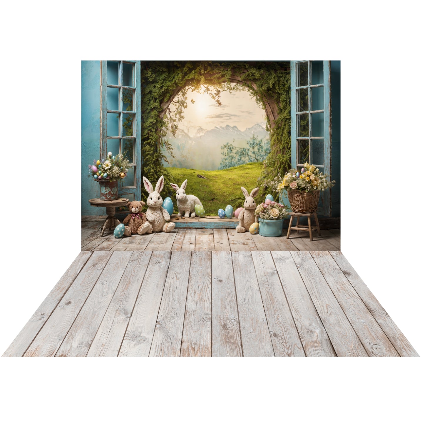 Kate Easter Bunny Window View Backdrop+White Wood Floor Backdrop