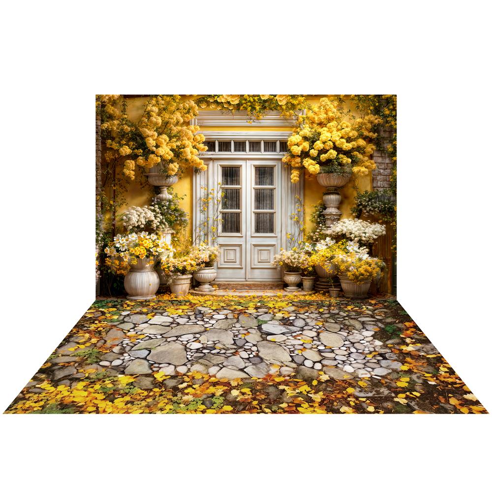 Kate Spring Yellow Flowers Wooden Doors Backdrop+Fall Golden Stone Road Floor Backdrop