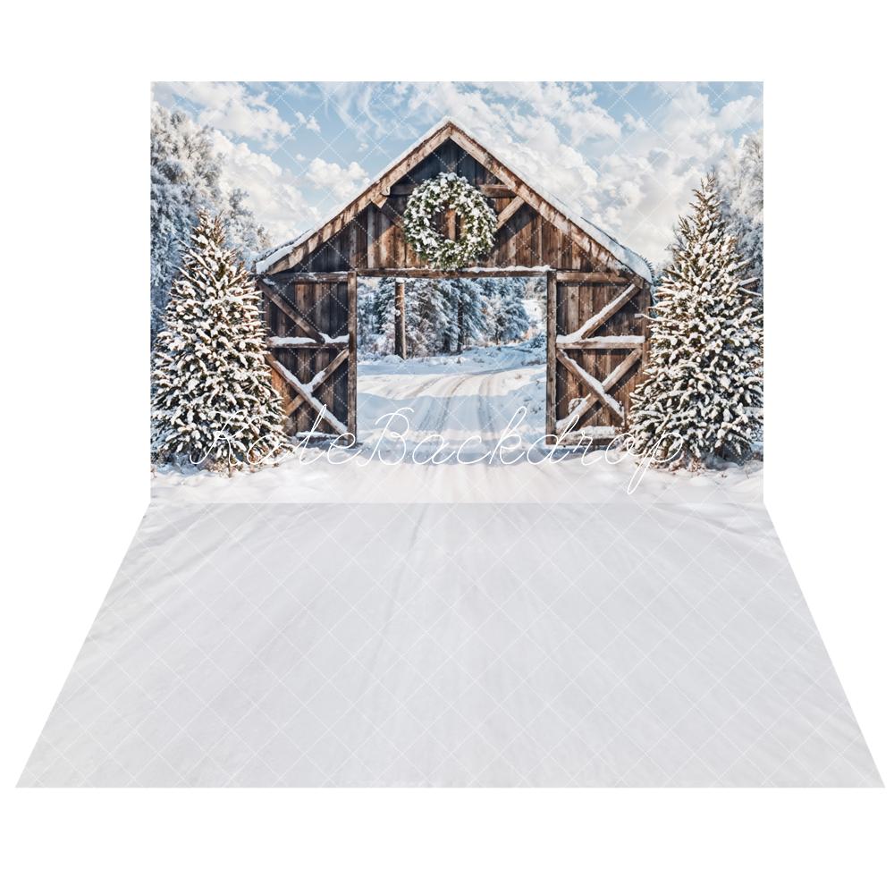 Kate Winter Snow Forest Brown Wooden Cabin Door Backdrop+Retro Ivory White Floor Backdrop