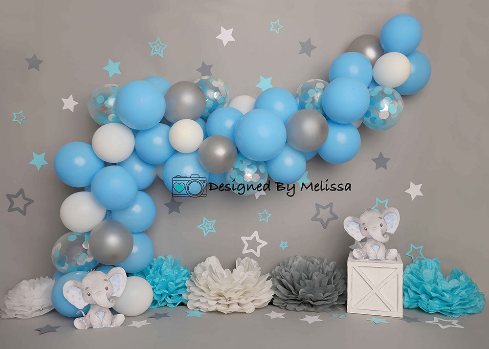 Kate Gray Wall Elephant Backdrop Cake Smash Blue Balloon for Photography (only ship to Canada)