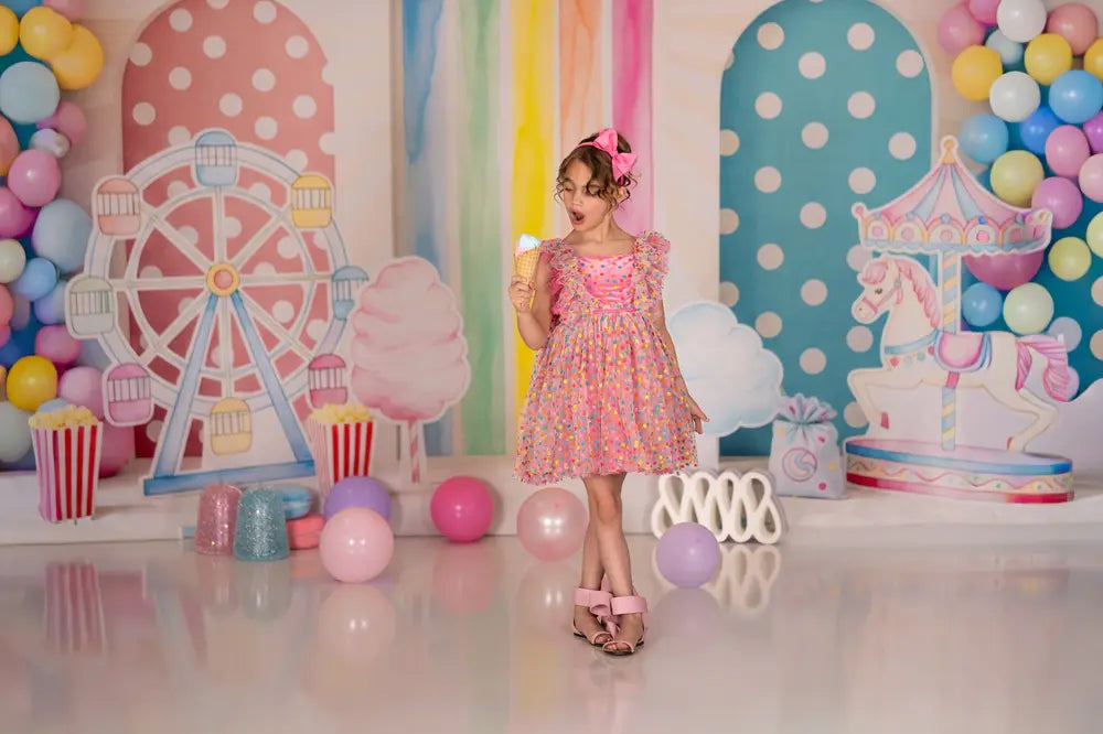 Kate Cake Smash Carnival Ferris Wheel Carousel Rainbow Balloons Printed Backdrop Designed by Patty Roberts