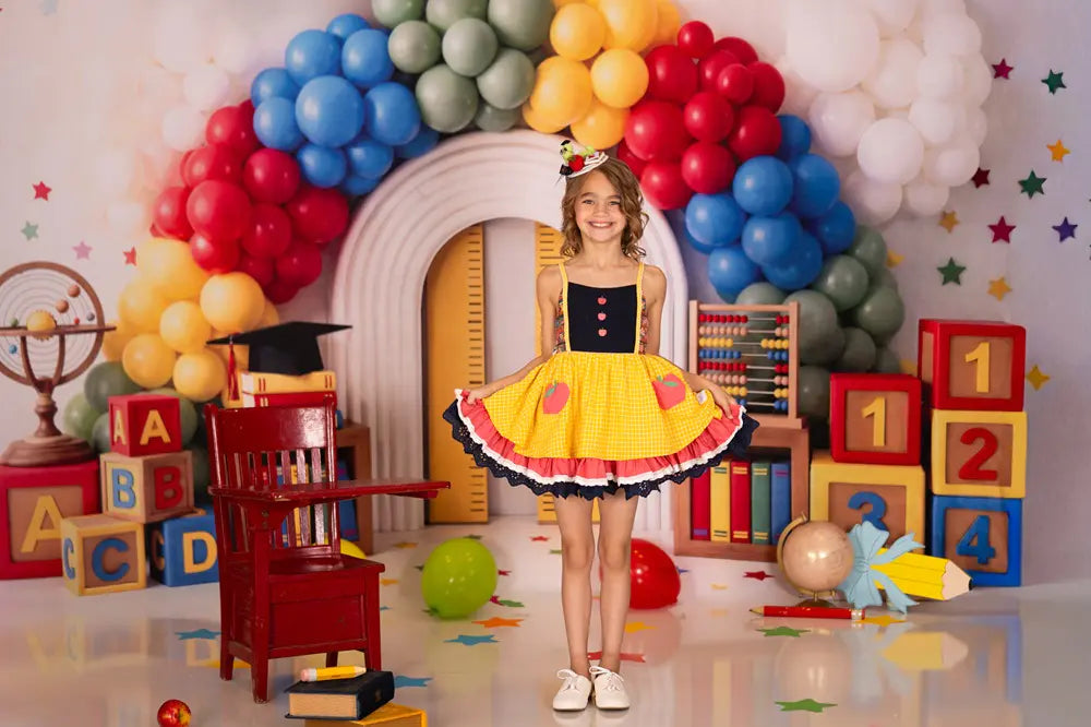 Kate Back to School Rainbow Balloon Arch Books Blocks Printed Backdrop Designed by Chain Photography