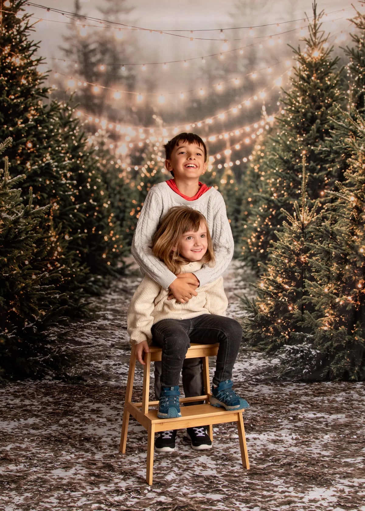 Kate Christmas Pine Tree Forest String Lights Printed Backdrop+Snowy Ground Dry Grass Floor Printed Backdrop