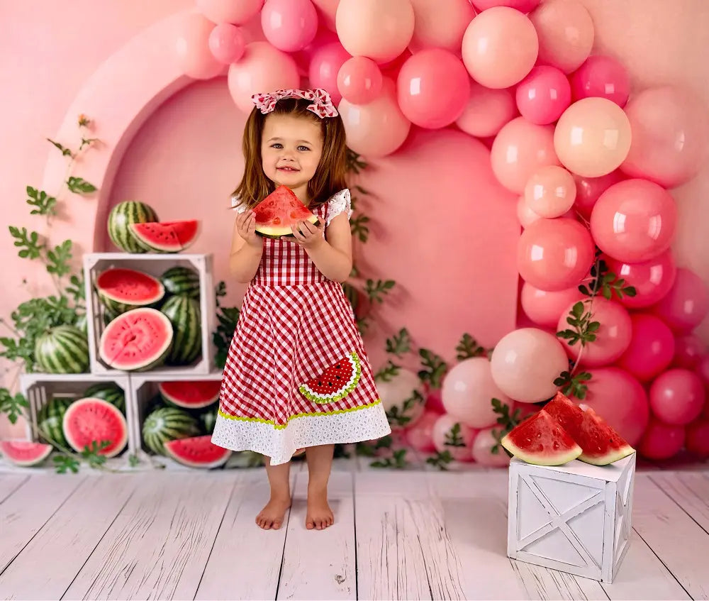 Kate Cake Smash Pink Balloon Arch Watermelon Crate Greenery Printed Backdrop+White Wooden Floor Printed Backdrop