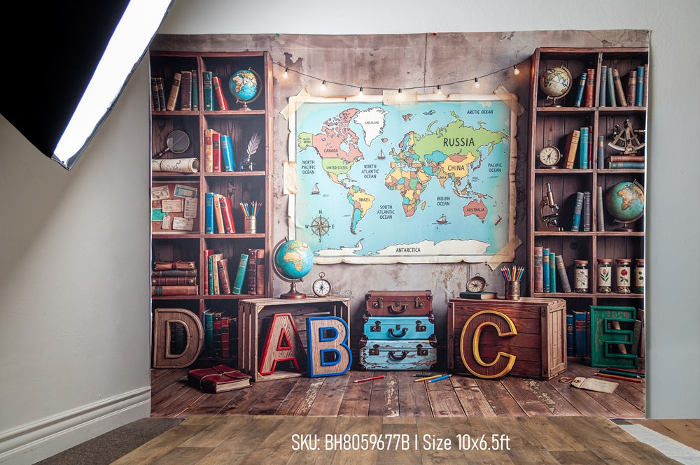 Kate Back to School World Map Bookshelves Globes ABC Letters Printed Backdrop Designed by Emetselch