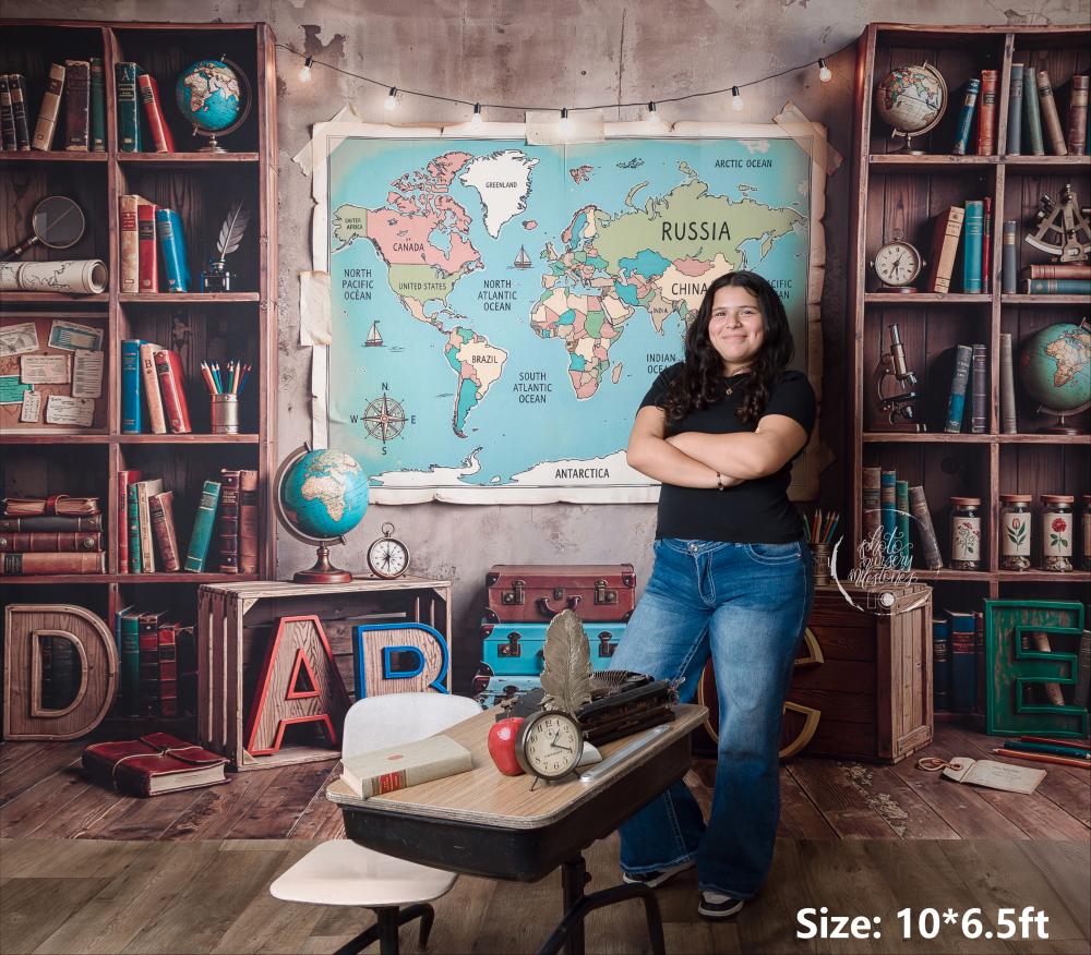 Kate Back to School World Map Bookshelves Globes ABC Letters Printed Backdrop Designed by Emetselch