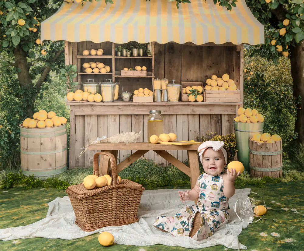 Kate Summer Lemonade Stand Yellow Lemons Wooden Market Printed Backdrop Designed by Emetselch