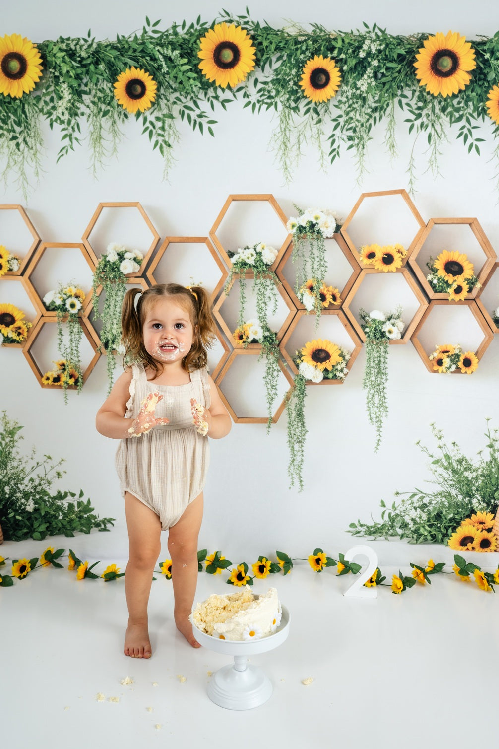 Kate Cake Smash Sunflower Honeycomb Beehive Greenery Printed Backdrop Designed by Patty Roberts