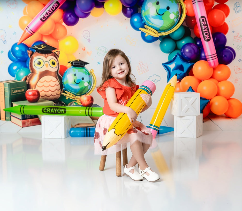Kate Graduation Balloon Arch Crayons Globe Owl Books Printed Backdrop Designed by Emetselch
