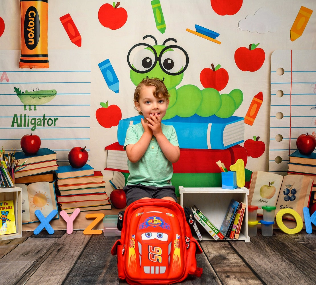 Kate Back to School Books Worm Crayon Backdrop Designed by Patty Roberts
