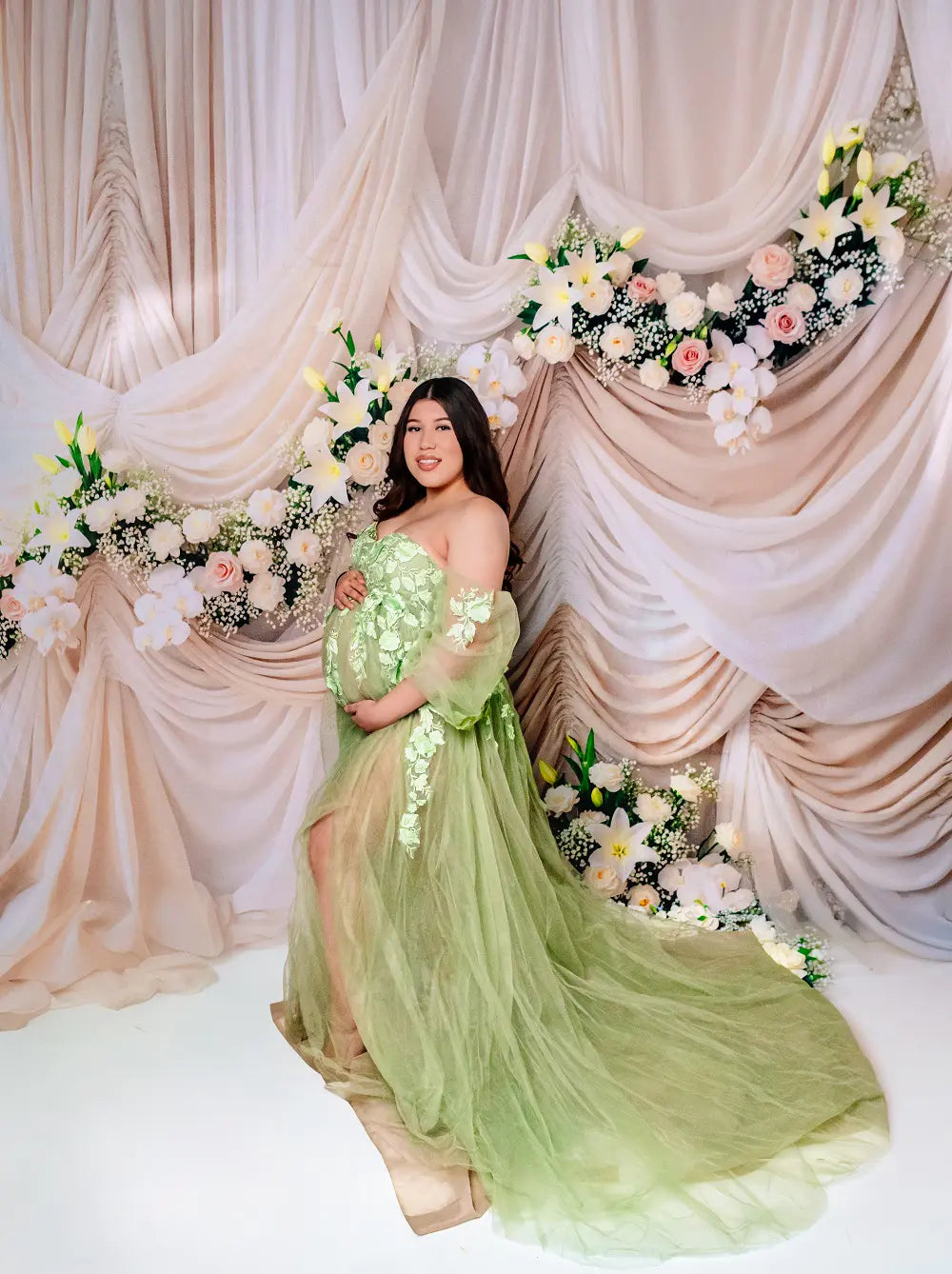 Kate Mother's Day Ivory Drapes Flower Arch Printed Backdrop Designed by Mini MakeBelieve