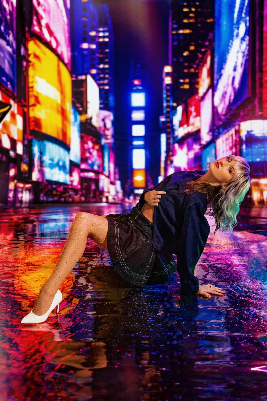 Kate Sweep Neon City Street Billboards Night Reflections Printed Backdrop Designed by Vertigo Productions