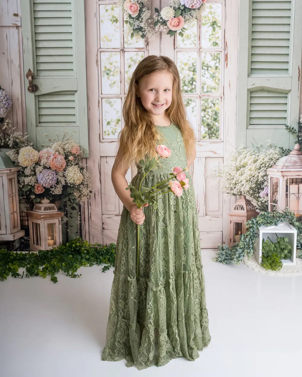 Kate Spring Floral Garden Door Lanterns Wreath Green Shutters Backdrop Designed by Emetselch