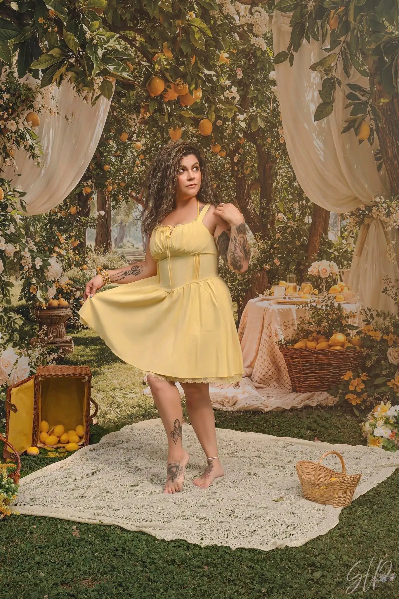 Kate Summer Lemon Orchard Floral Arch Picnic Printed Backdrop Designed by Emetselch