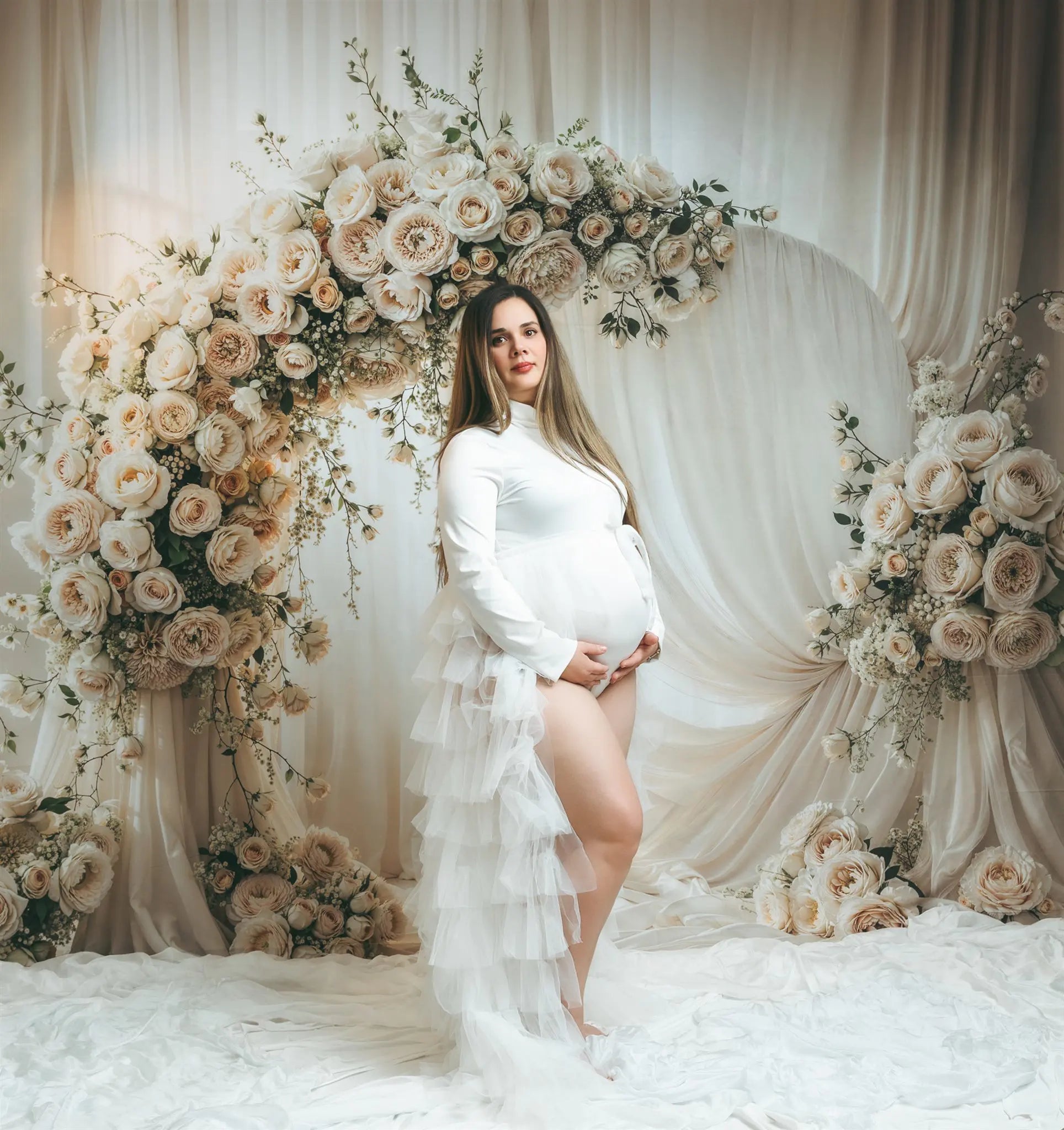 Kate Summer Flower Arch Cream Roses Draped Fabric Printed Backdrop Designed by Emetselch