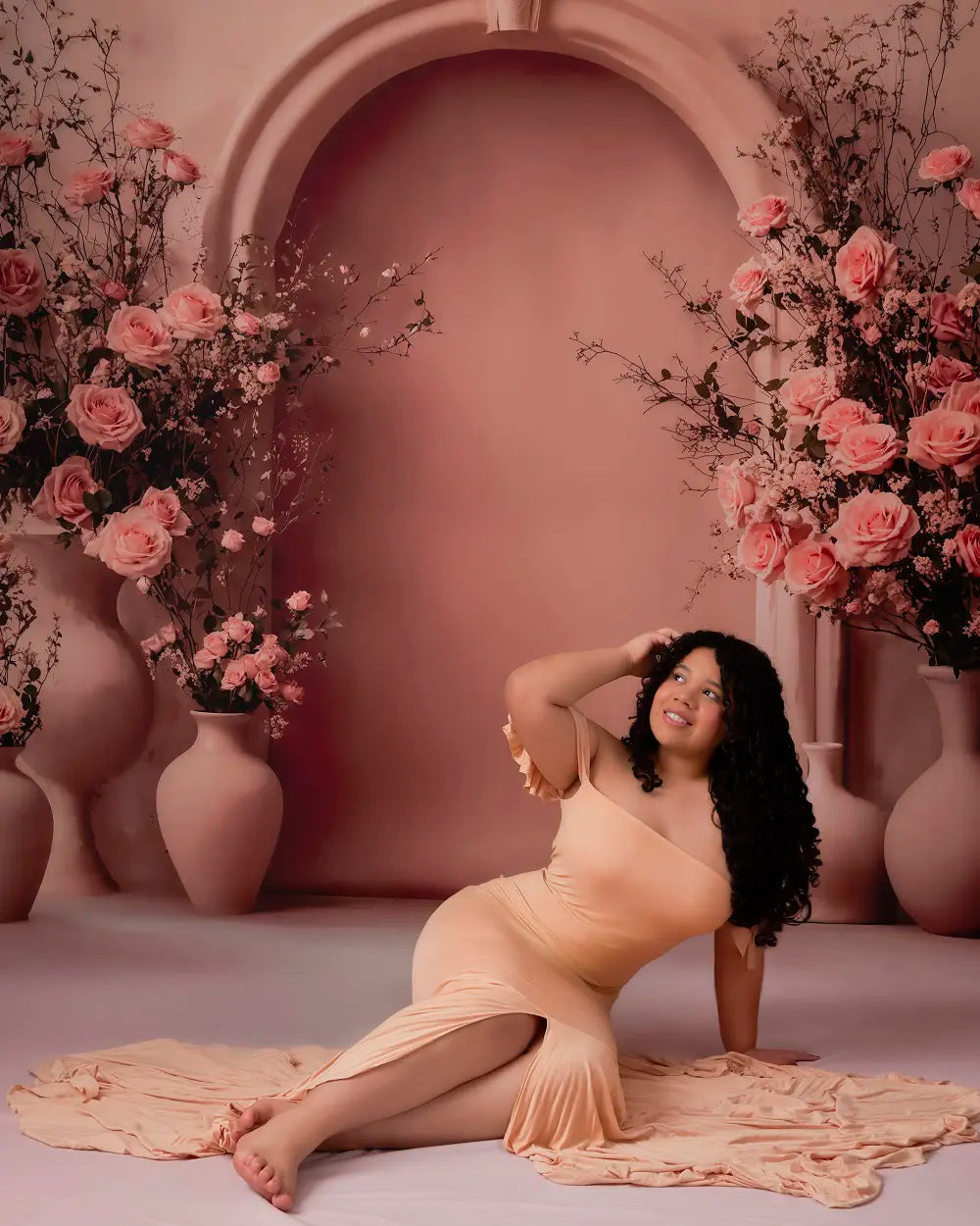 Kate Mother's Day Floral Arch Peach Roses Beige Backdrop Designed by Emetselch